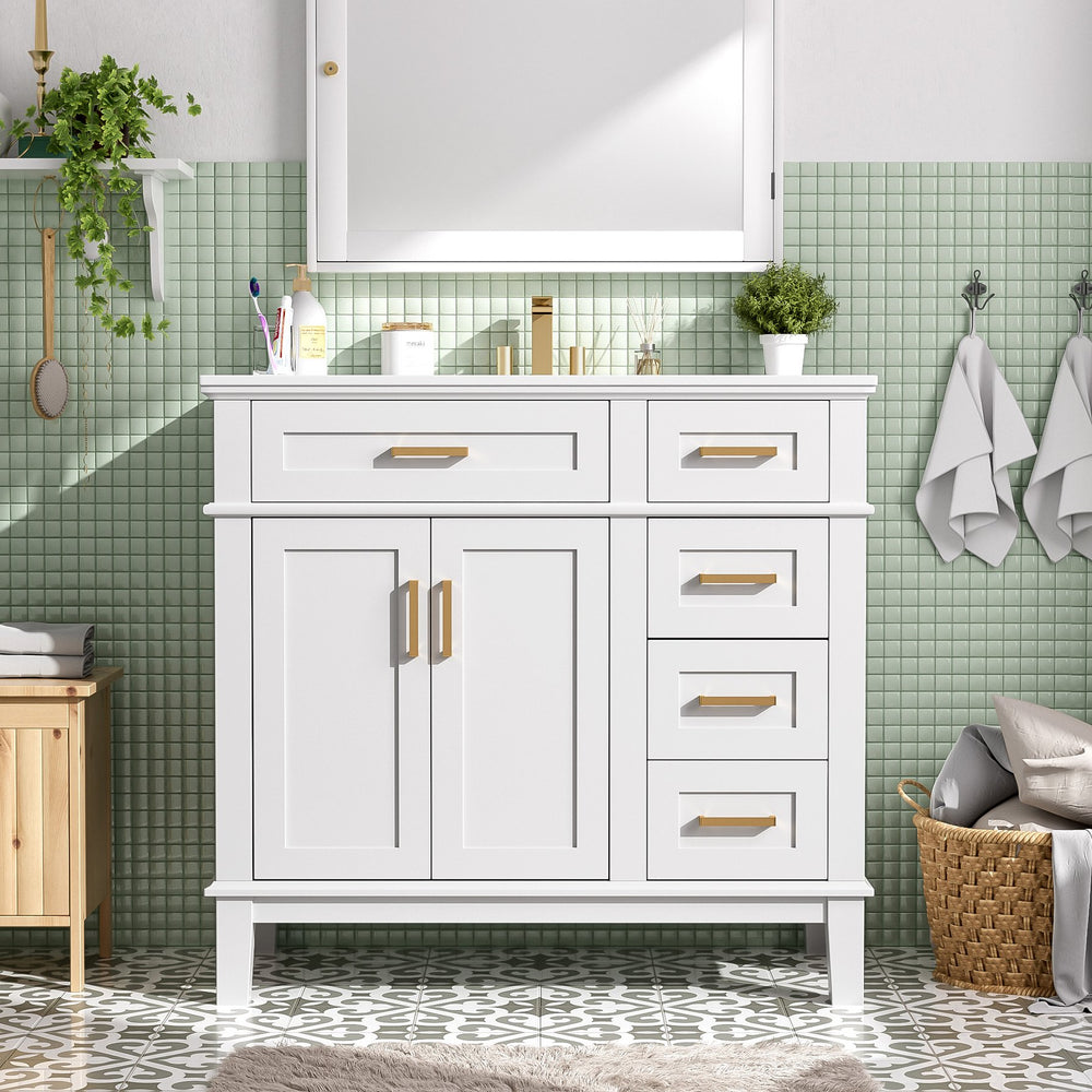 English Elm 36" Navy Bathroom Vanity Solid Wood Frame Ceramic Sink Gold Hardware Soft Close White N729P380151K