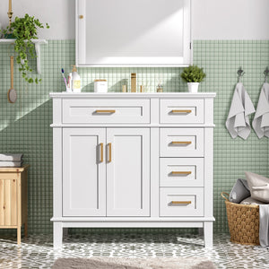 English Elm 36" Navy Bathroom Vanity Solid Wood Frame Ceramic Sink Gold Hardware Soft Close White N729P380151K