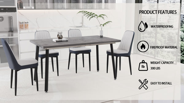 English Elm 55.12-70.87" Expandable Dining Table Set Seats 6 with Pu Upholstered Chairs Black Metal Legs Grey,White W2189S00915