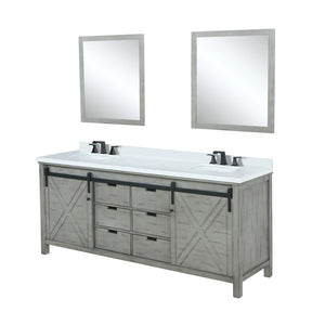 English Elm Ash Grey Double Bath Vanity 84" W x 22" D with White Quartz Top, Matte Black Faucets & 34" Mirrors B2731S01082