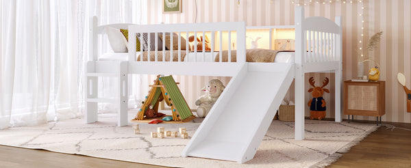 English Elm Twin Low Loft Bed Solid Pine Frame with Built-in Led Lighting and Storage Shelves Light White W1580P395928