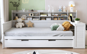 English Elm Wooden Full Size Daybed with Trundle and Built-In Desk, Side Storage Shelves for Space-Saving Rooms Antique White 70 L x 18.6 W x 5.5 H N733S242277K