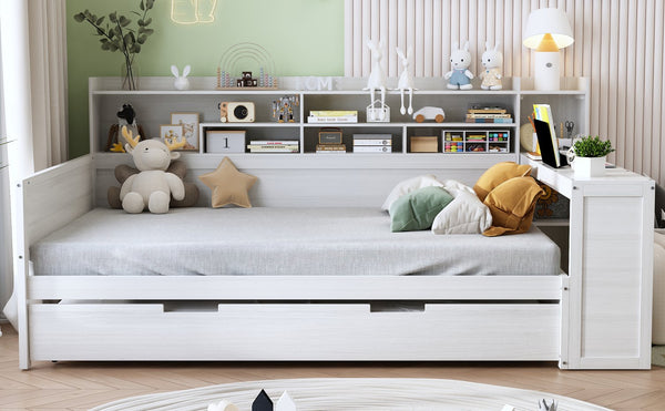 English Elm Wooden Full Size Daybed with Trundle and Built-In Desk, Side Storage Shelves for Space-Saving Rooms Antique White 70 L x 18.6 W x 5.5 H N733S242277K