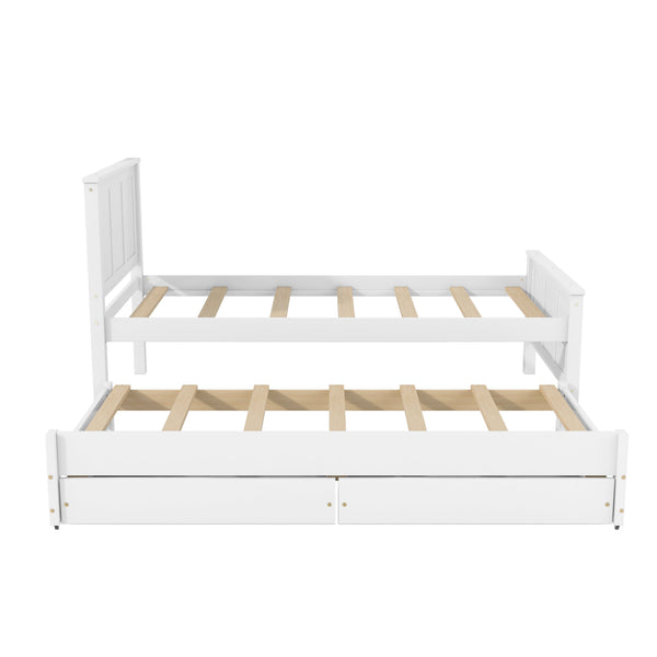 English Elm Twin Pine Platform Bed with Pull-out Trundle Storage Drawers for Kids or Guests White N7090008815K