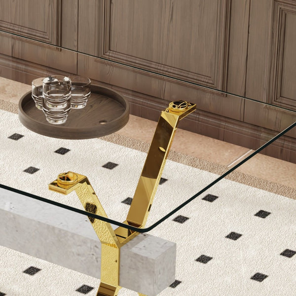 English Elm Table Elegance: 71"X35.4" Clear Glass Dining Set With 8 Light Gray Pu Chairs & Golden Legs W1151S02366-GIGA