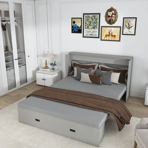 English Elm 57 Inch Murphy Bed Cabinet with Storage Drawers Charging Station and Rolling Casters Gray W509S00156