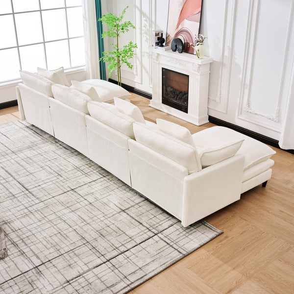 English Elm 140.9-inch U-shaped Modular Sectional Sofa with Ottomans Chenille Cloud Cushions Beige W288S00029