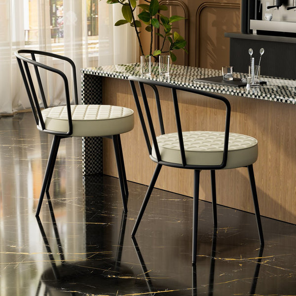 English Elm Dining Chairs Set Of 2 – Mid-Century Modern Armless, Ergonomic Beige Leather Seat, Sturdy Metal Legs T3950P394504