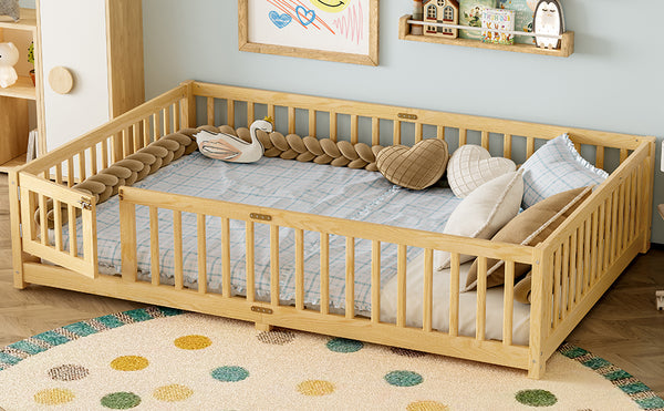 English Elm Queen Kids Floor Bed with Safety Guardrails and Door for Independent Sleep, Pine Frame, 82.7"x62.6" Natural W1580P338954