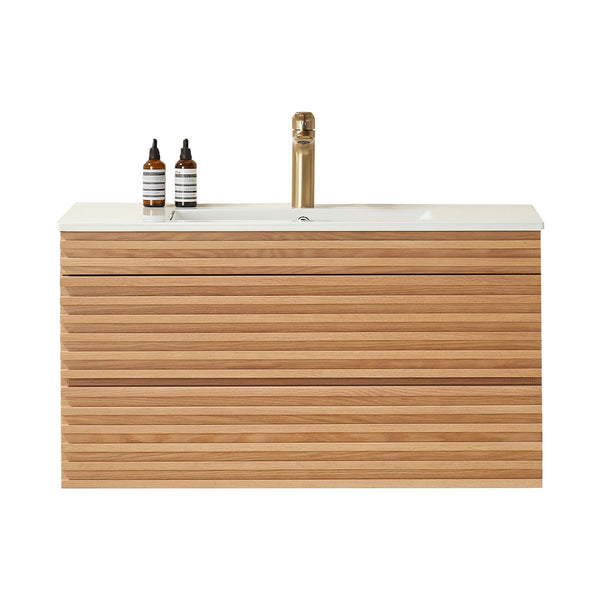 English Elm 36" Wall Mounted Floating Single Vanity Natural Walnut with Ceramic Sink, 2 Drawers, Fully Assembled Elegance W1826P308971