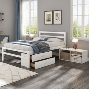 English Elm Full Size Wood Platform Bed With Removable Storage Shelves, Built-In Two Storage Drawers For Added Convenience, White