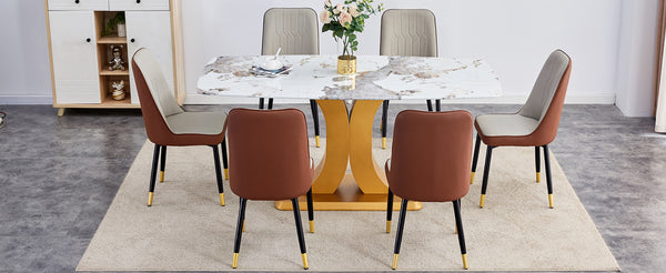 English Elm Table Luxurious Pandora Glass Dining Set With Golden C-Shaped Legs & 6 Ergonomic Pu Chairs, 71"X35.4" W1151S03248-GIGA