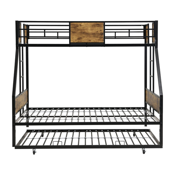 English Elm Twin Metal Bunk Bed Over Full with Trundle, Side Ladder, Full Guardrail, 11" Storage, Easy Assemble W2297P397394