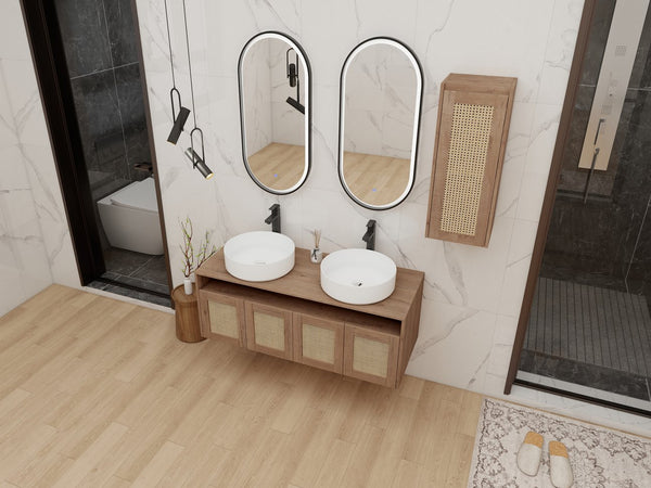 English Elm 48" Floating Bathroom Vanity Oak Finish Dual Ceramic Sinks Four Soft Close Doors W999S00498