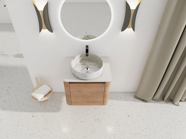 English Elm 24'' Wall-Mounted Bathroom Vanity With Ceramic Vessel Sink, Soft-Close Door & Space-Saving Design W999S00394