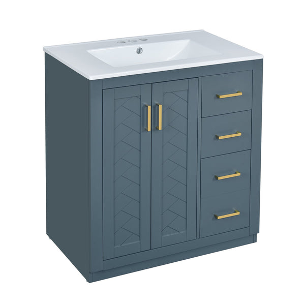 English Elm 30'' Bathroom Vanity With Ceramic Sink Combo - Stylish Freestanding Cabinet, Soft Close Drawers & Retro Charm N710P191947C