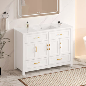 English Elm 48" White Bathroom Vanity with Resin Sink 4 Soft Close Doors Drawers Mdf Cabinet W3133S00027