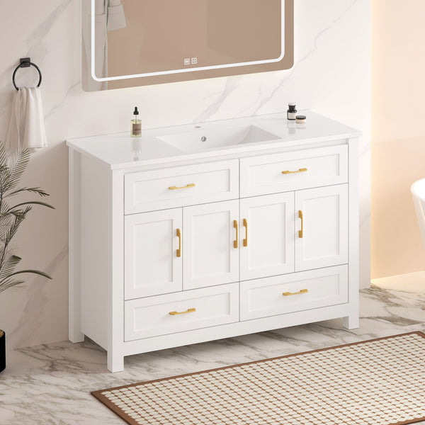 English Elm 48" White Bathroom Vanity with Resin Sink 4 Soft Close Doors Drawers Mdf Cabinet W3133S00027