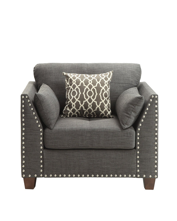 English Elm Laurissa Light Charcoal Linen Club Chair with 3 Pillows, Buttonless Tufted Back, Nailhead Trim B2726P277877