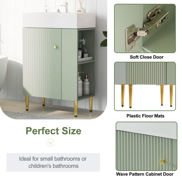 English Elm 21.6" Green Bathroom Vanity with Ceramic Sink, Right Side Storage, Gold Legs, Soft-Close Hinges, Modern Design SV000006AAF