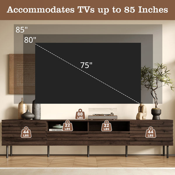 English Elm 78 Inch Walnut Media Console with Slatted Doors Iron Legs and Cable Management N710P373591Q