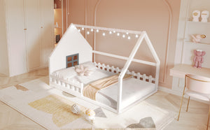 English Elm Full House Bed Frame with Window & Fence Playhouse Design, Sturdy Pine/MDF, Safe 400lb Capacity White N709P215545K