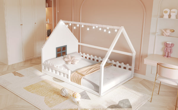 English Elm Full House Bed Frame with Window & Fence Playhouse Design, Sturdy Pine/MDF, Safe 400lb Capacity White N709P215545K