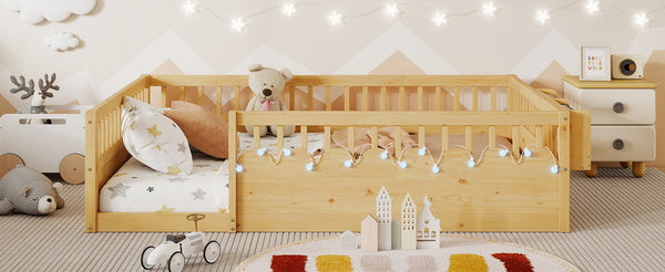 English Elm Full Montessori floor bed offering high rails, built-in light and shelf for safe independent sleep and storage Natural 79.13 L x 13 W x 6.3 H W2593P333587