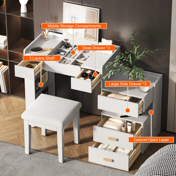 English Elm 3-in-1 Makeup Vanity Desk with Flip Mirror, LED 3-Color Lighting, Expandable Length & Ample Storage Drawers White N844P285298A