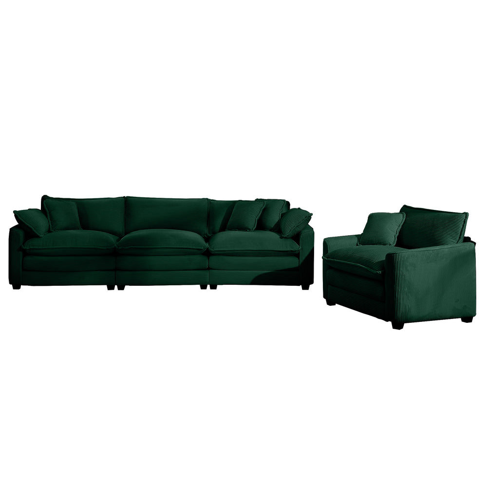 English Elm Mid-Century Modern Sectional Set - Plush Green Corduroy 3-Seater & Single-Seater With Pillows W714S00816
