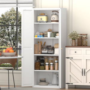 English Elm 2 Door Steel Pantry Cabinet Powder Coated Finish Gold Hardware Adjustable Shelves Tall Storage White T3625P366652