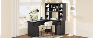 English Elm L-shaped computer desk with ample storage 11 shelves, 3 cabinets, 2 drawers, flip-up shelf for workspaces Black W1580S00189