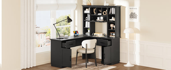 English Elm L-shaped computer desk with ample storage 11 shelves, 3 cabinets, 2 drawers, flip-up shelf for workspaces Black W1580S00189