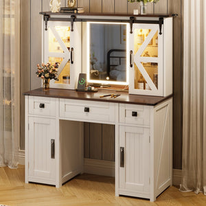 English Elm 43.3" Rustic Farmhouse Vanity Desk with Led Mirror Barn Door Stool Charging Station N704P328548A