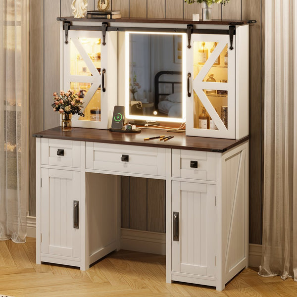English Elm 43.3" Rustic Farmhouse Vanity Desk with Led Mirror Barn Door Stool Charging Station N704P328548A
