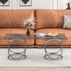 English Elm 31.50'' Sculptural Chrome Ring Base Coffee Table Gray Tempered Glass Luxury Living Room W757P412775