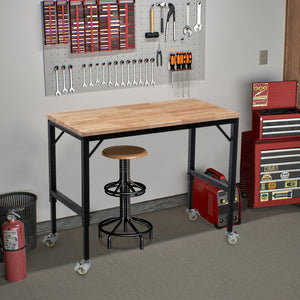 English Elm 48" Heavy-Duty Adjustable Workbench – Mobile Rubberwood Table With Steel Frame, 2000 Lbs Capacity W1422P218518