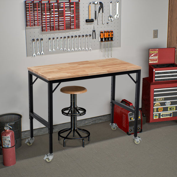 English Elm 48" Heavy-Duty Adjustable Workbench – Mobile Rubberwood Table With Steel Frame, 2000 Lbs Capacity W1422P218518