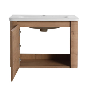 English Elm 28'' Wall-Mounted Bathroom Vanity with Ceramic Sink, Soft-Close Door, Plywood Durability & Space-Saving Design Imitative Oak W999P317929
