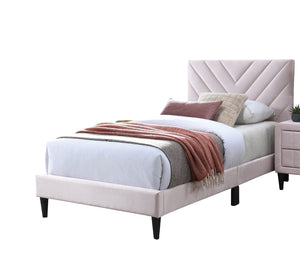 English Elm 1pc Twin Platform Bed Velvet Upholstered Adjustable Headboard V-stitch Blush Bedroom Light Pink B011P415213