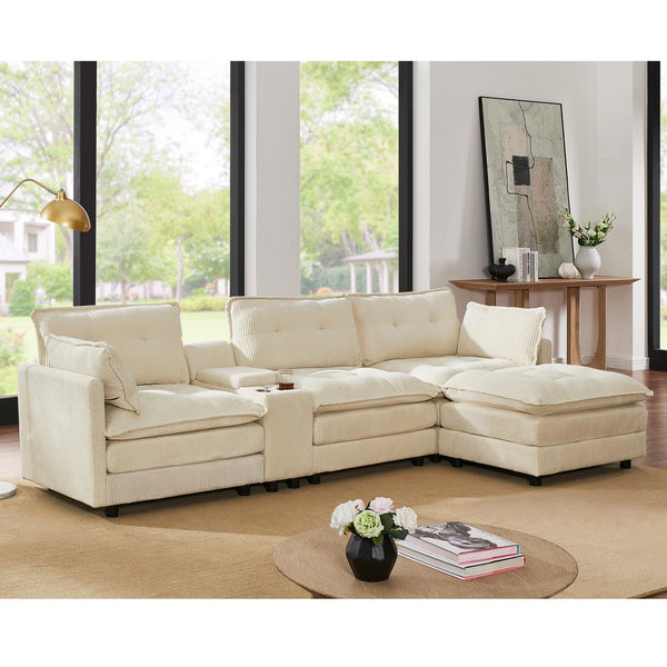 English Elm 119" Tufted Corduroy L-shaped Sectional with Ottoman Console Usb Charging 4 Seat Beige W1998S00100