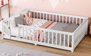 English Elm Full Floor Bed with Safety Guardrails and Play Door for Kids, Low Profile Pine Frame, 550lb Capacity White W1580P338950