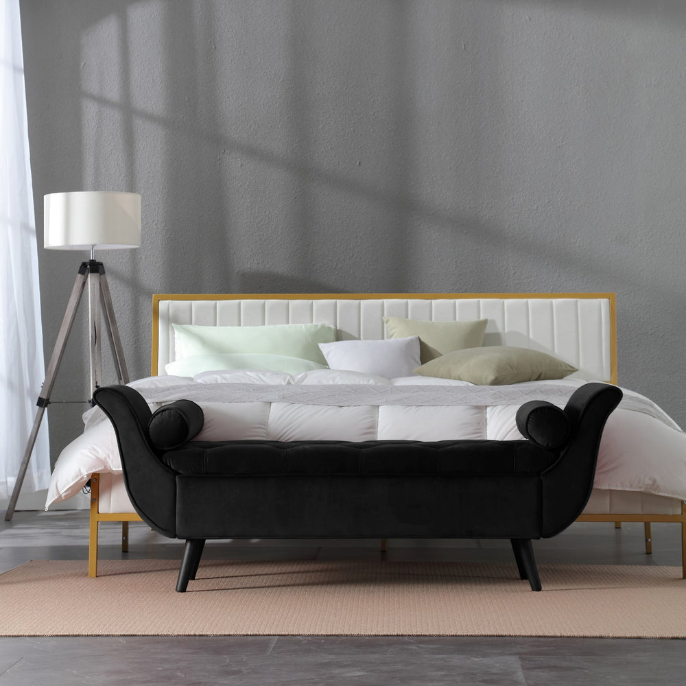 English Elm Vintage Velvet Tufted Storage Bench Extra Long Mid Century Seating for Bedroom W2795P428373
