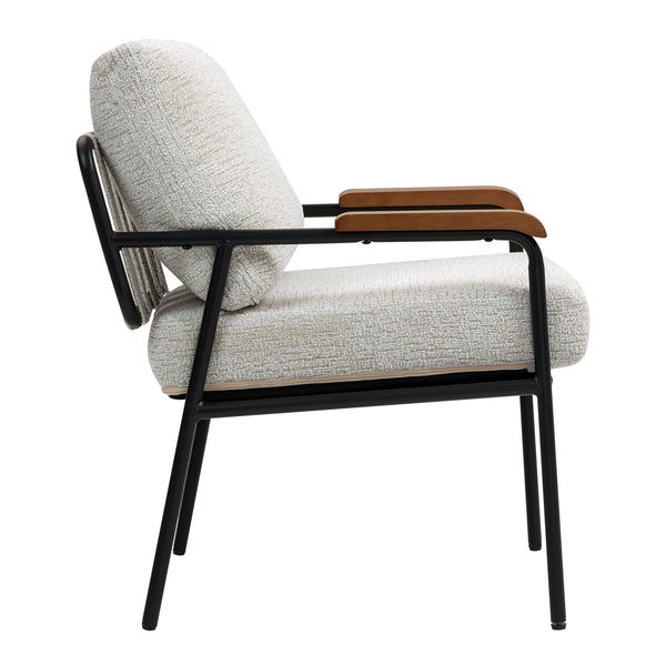English Elm Modern Accent Chair with Natural Wood Arms, Black Metal Frame, Plush High-Rebound Cushion Comfort Beige W2215P248476