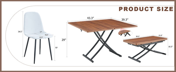 English Elm Table And Chair Set - Modern Adjustable Walnut Lift Table With 4 Soft Linen Dining Chairs, Stylish & Versatile W1151S03774-GIGA