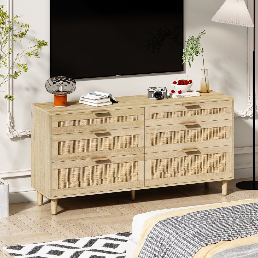 English Elm 59" Rattan Dresser with 6 Drawers – Stylish Natural Wood Finish, Metal Handles & Legs for Bedroom Storage W757P318420