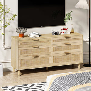 English Elm 59" Rattan Dresser with 6 Drawers – Stylish Natural Wood Finish, Metal Handles & Legs for Bedroom Storage W757P318420