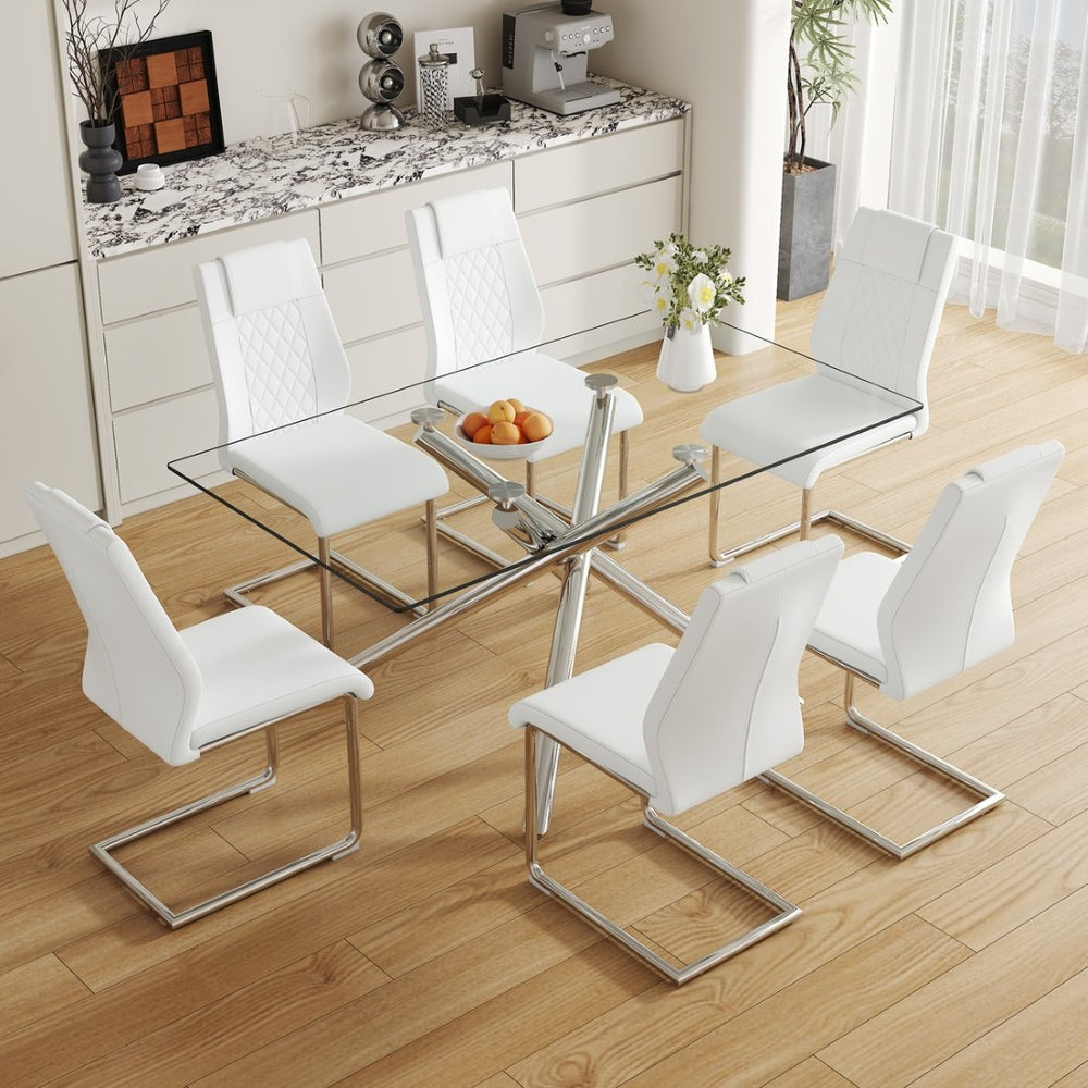 English Elm Table Modern Luxurious Transparent Glass Dining Set With 6 White Pu Chairs & Silver Metal Legs W1151S04126-GIGA