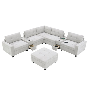English Elm [new U-shaped Chenille Sectional Six Seat Tufted Couch with Usb Charging Storage Light Gray N723S1191K