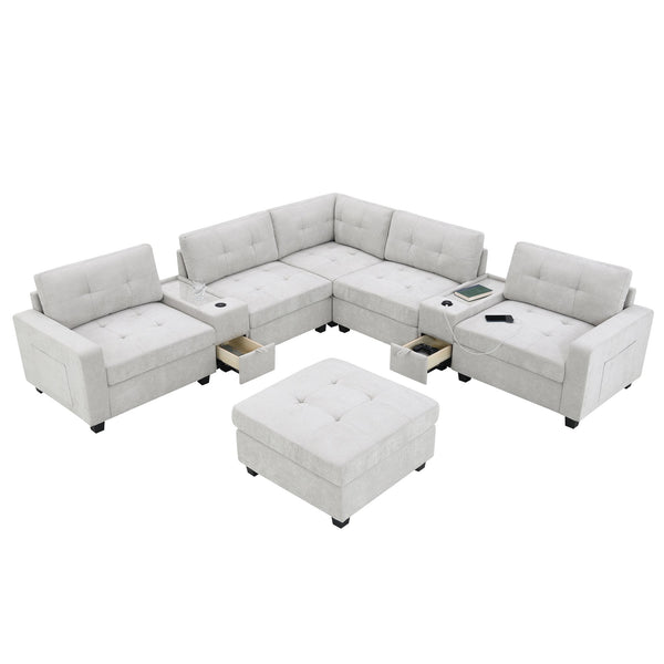 English Elm [new U-shaped Chenille Sectional Six Seat Tufted Couch with Usb Charging Storage Light Gray N723S1191K